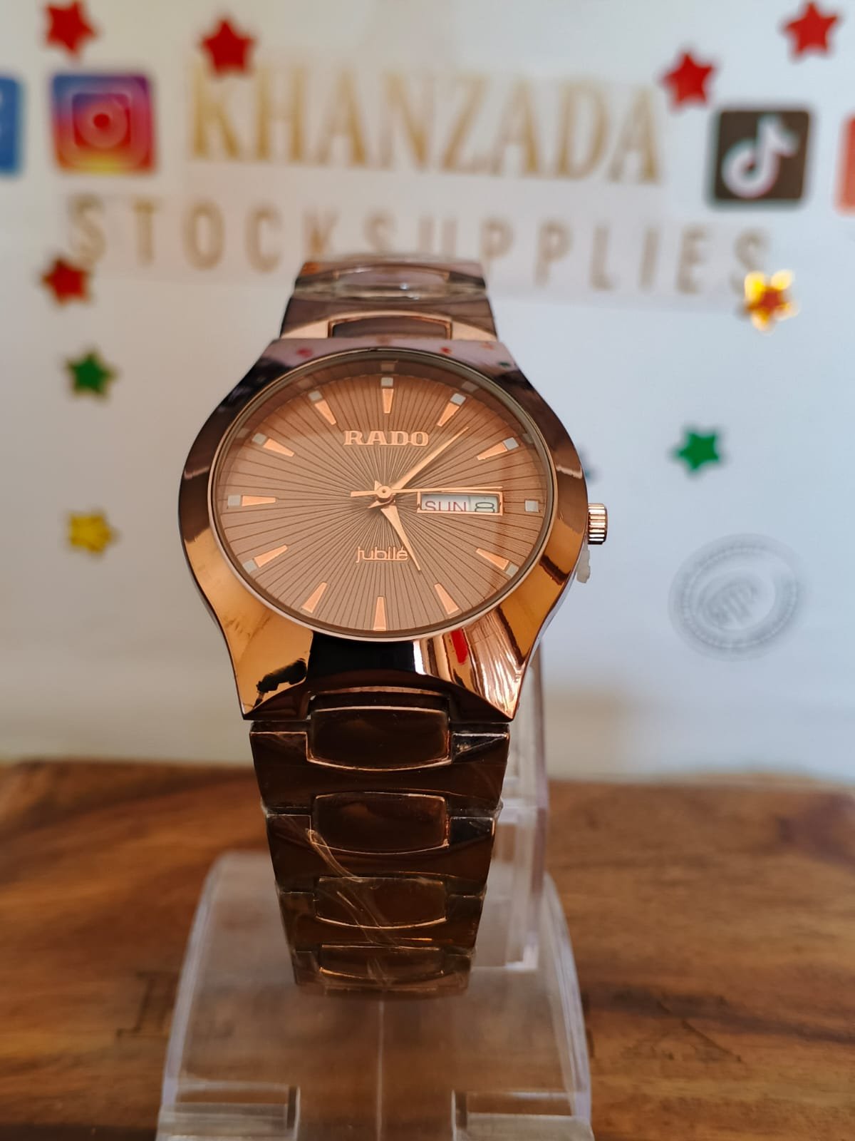 rado jubile luxury rose gold men's watch – elegant sunburst dial with day & date display