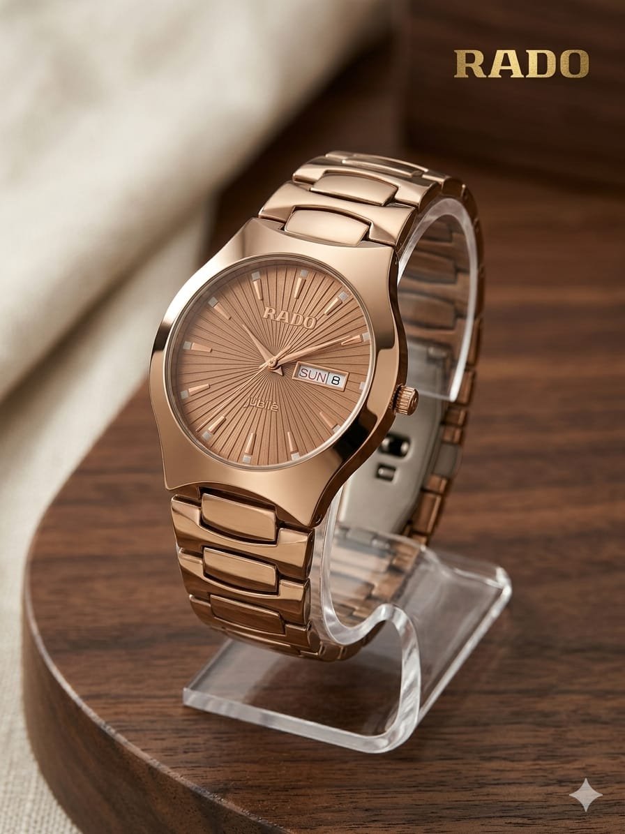 rado jubile luxury rose gold men's watch – elegant sunburst dial with day & date display