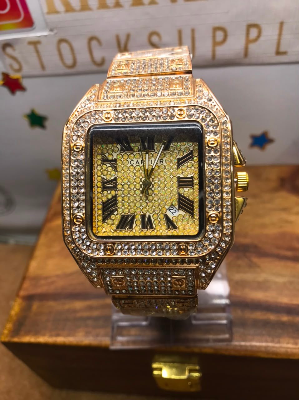 luxury square gold diamond style men's watch | quartz analog stainless steel wrist watch