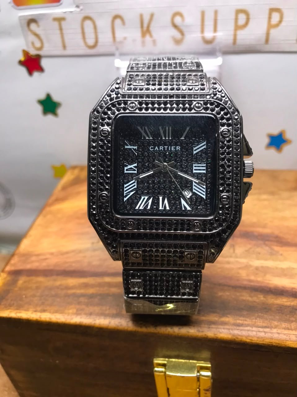 luxury square black diamond style men's watch | quartz analog stainless steel wrist watch